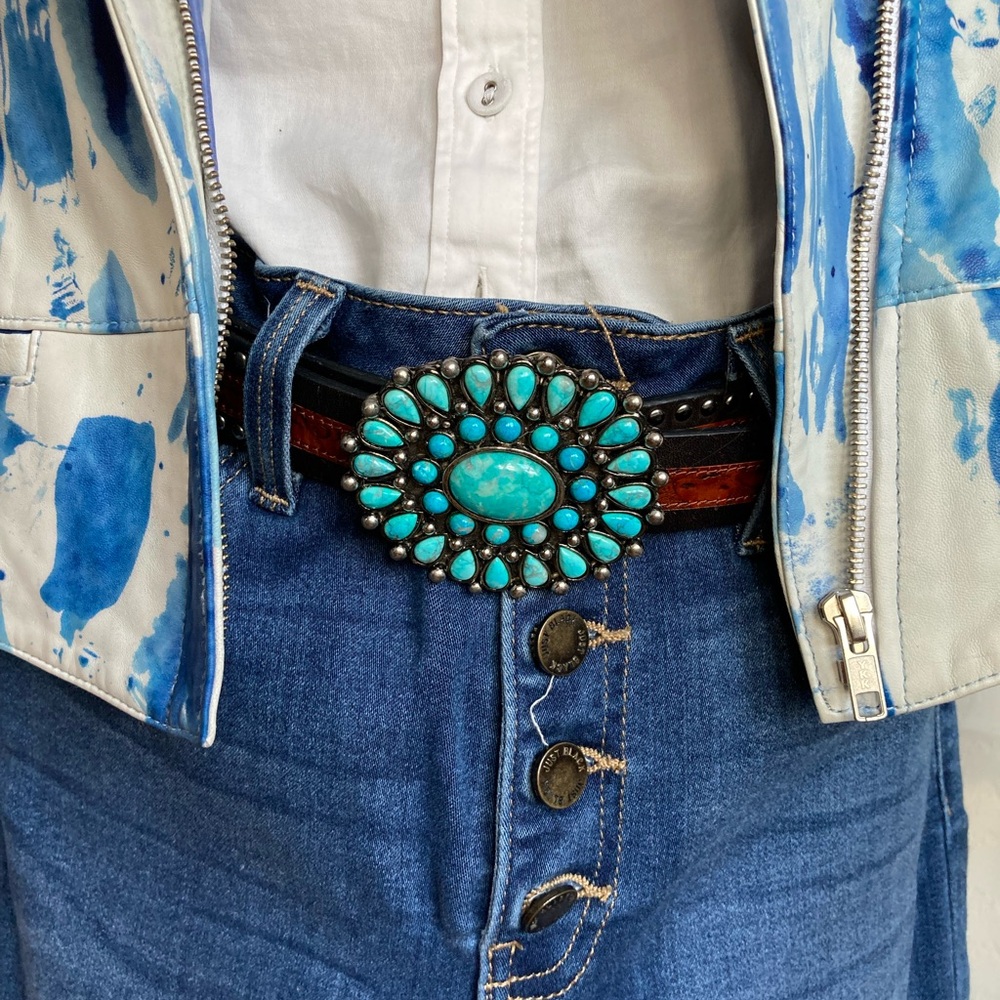 Turquoise Cluster Western Belt Buckle on Leather Belt